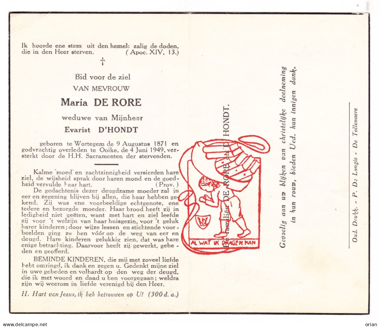 DP Maria De Rore ° Wortegem 1871 † Ooike 1949 X Evarist D'Hondt - Images Religieuses