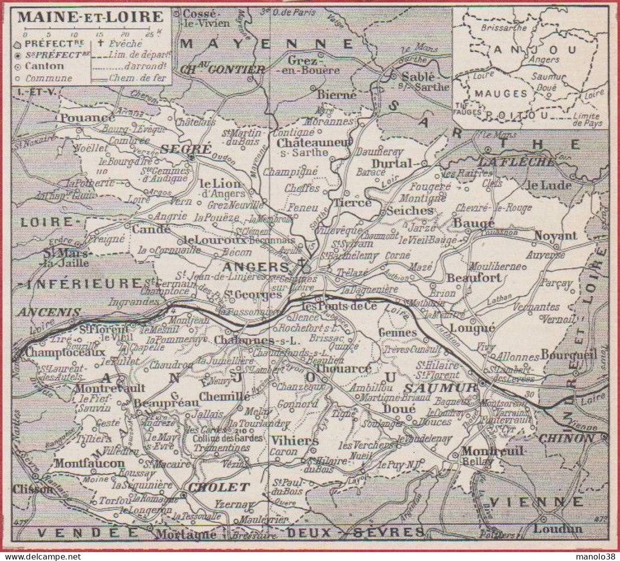 Carte Du Département Du Maine Et Loire (49). Préfecture, Sous Préfecture, Chef Lieu ... Chemin De Fer. Larousse 1948. - Historische Documenten