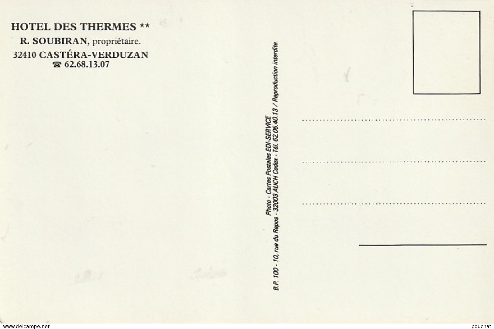 CE21 -(32) CASTERA VERDUZAN  -  HOTEL DES THERMES  PROP. R . SOUBIRAN  -  CARTE MULTIVUES  COULEURS   -   2 SCANS - Castera