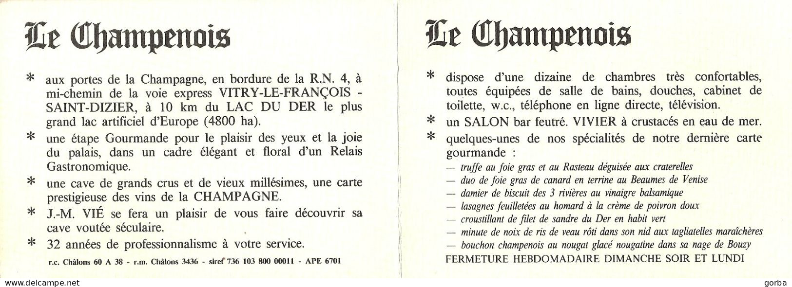 *Carte Visite Restaurant - Le Champenois à Thiéblemont-Farémont (51) - Visiting Cards