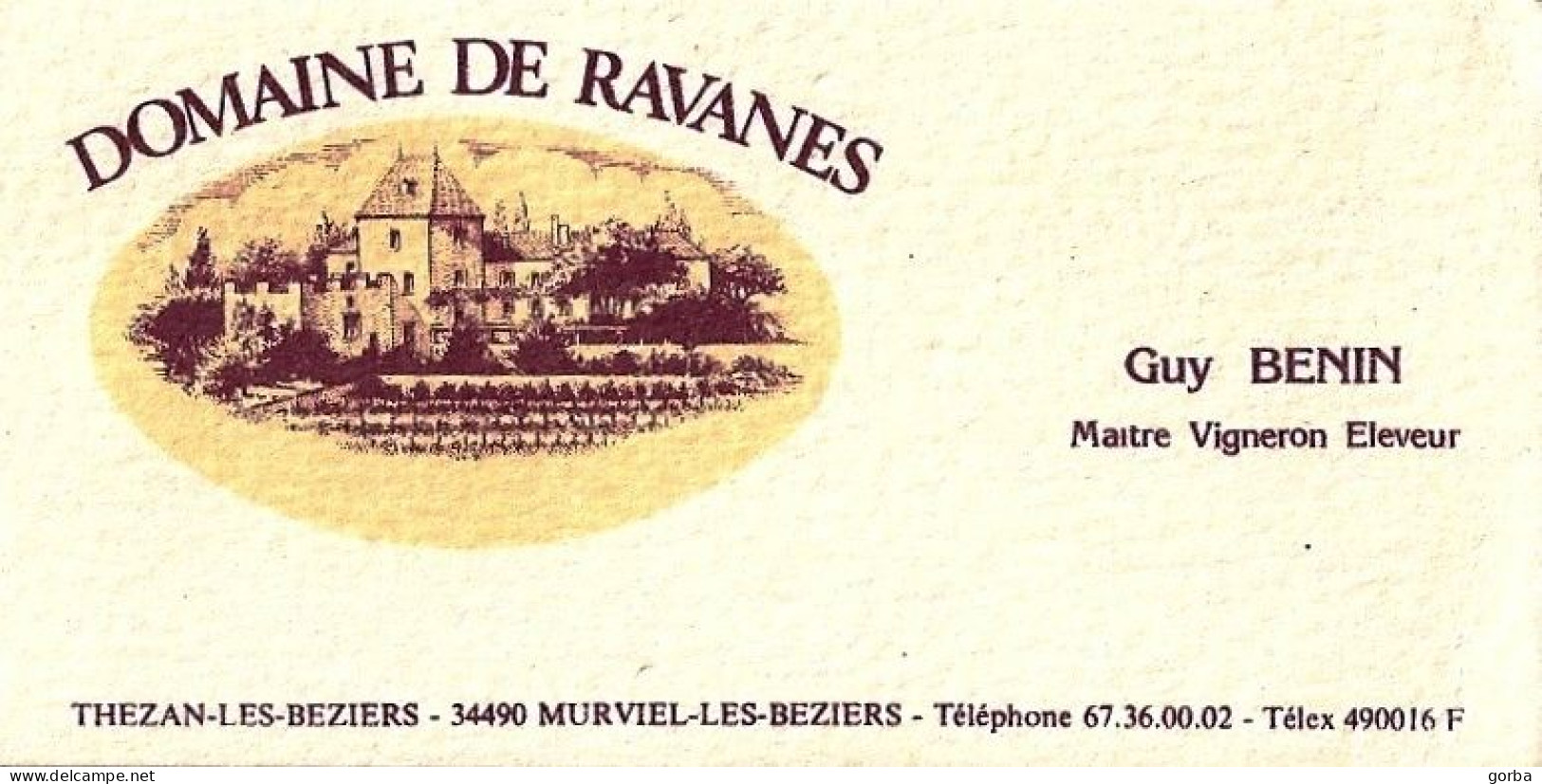 *Carte Visite - Domaine De Ravanès - Guy BENIN Maitre Vigneron Eleveur à Thézan Les Béziers (34) - Visitenkarten