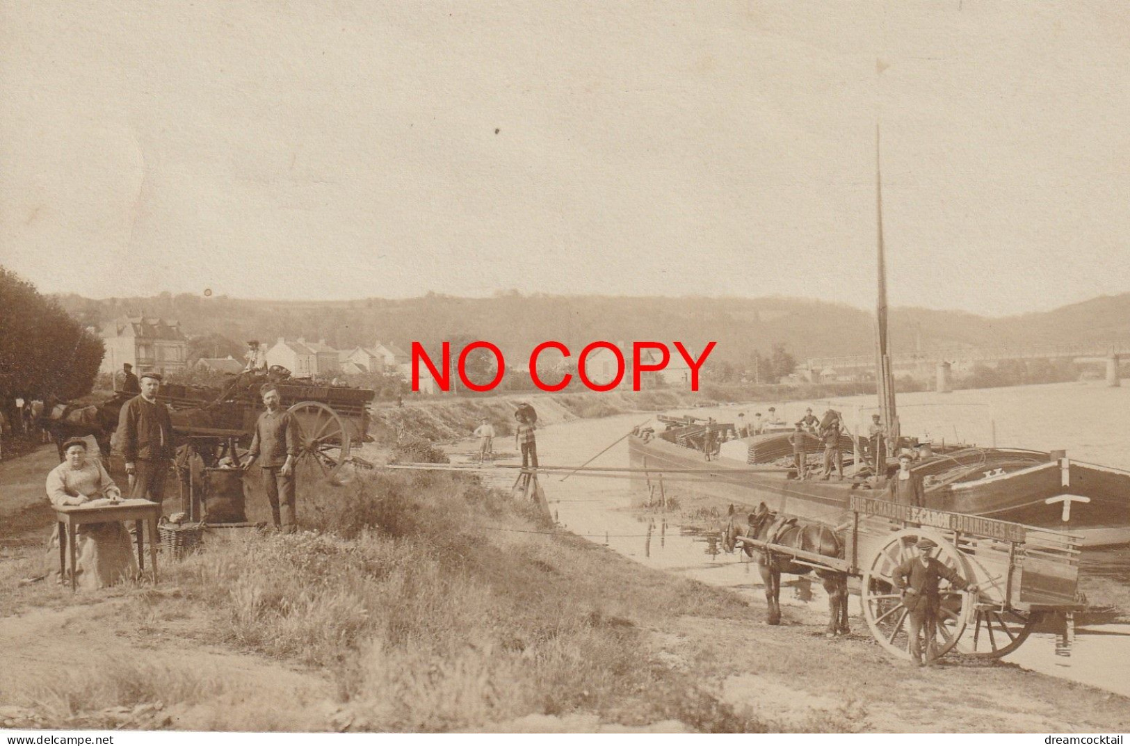 RARE Photo Cpa 78 BONNIERES-SUR-SEINE. Péniche Et Attelages Transports Bois Et Charbons "Caron" - Bonnieres Sur Seine