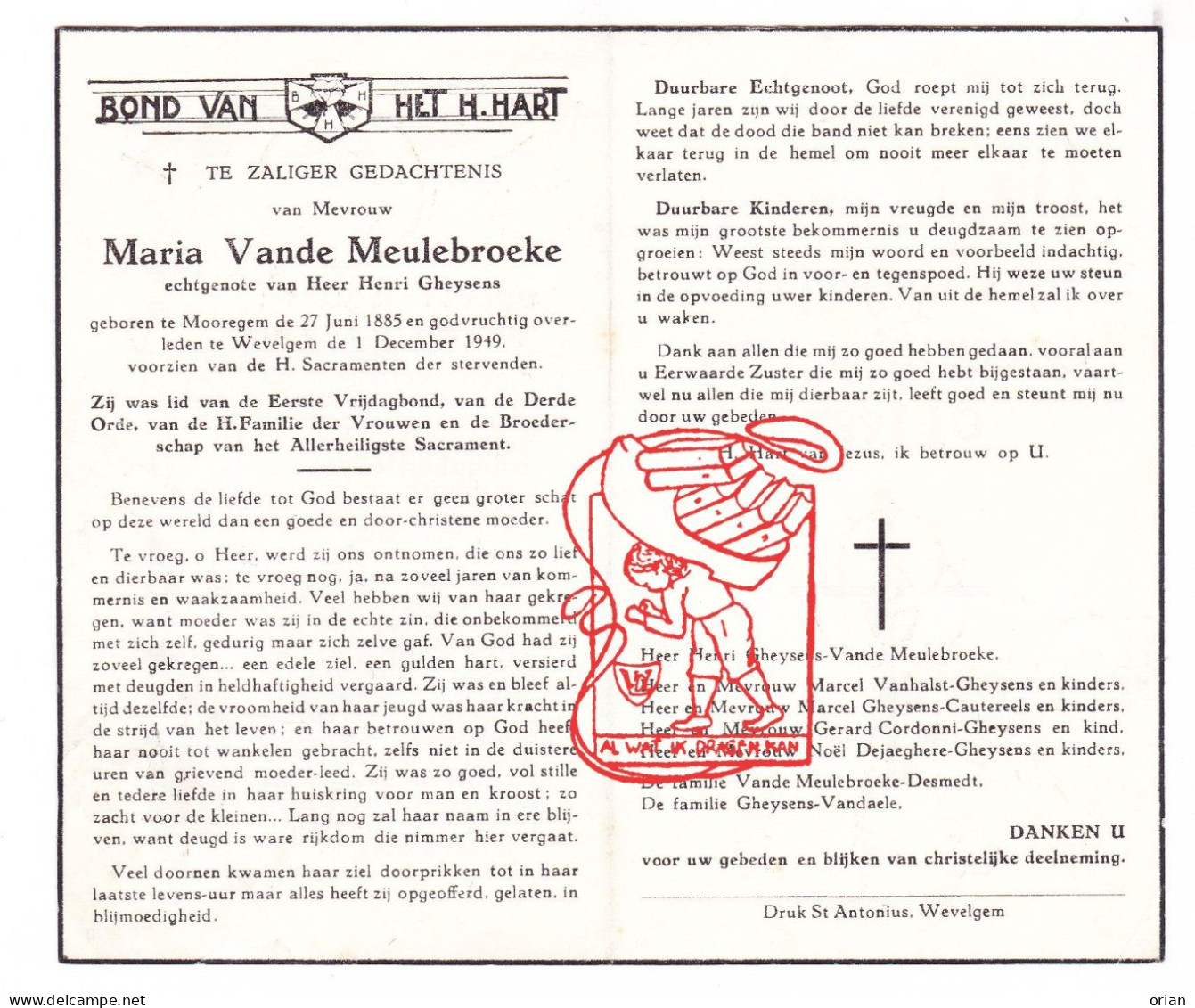 DP Maria Vandemeulebroeke ° Moregem 1885 † Wevelgem 1949 X Henri Gheysens // Vanhalst Cautereels Cordonni Vandaele - Devotion Images
