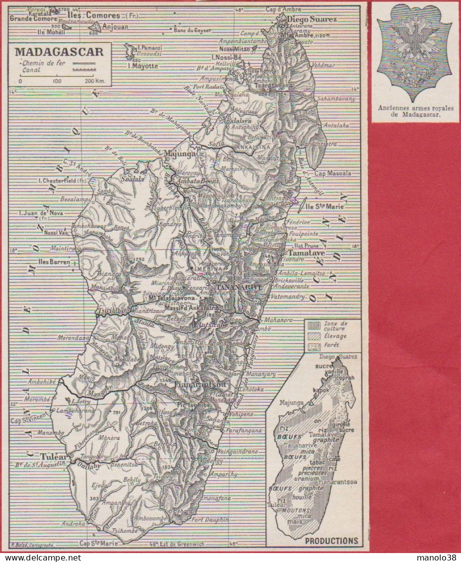 Cartes De Madagascar. Carte Avec Chemin De Fer, Canal. Production.  Anciennes Armes Royales. Larousse 1948. - Documentos Históricos