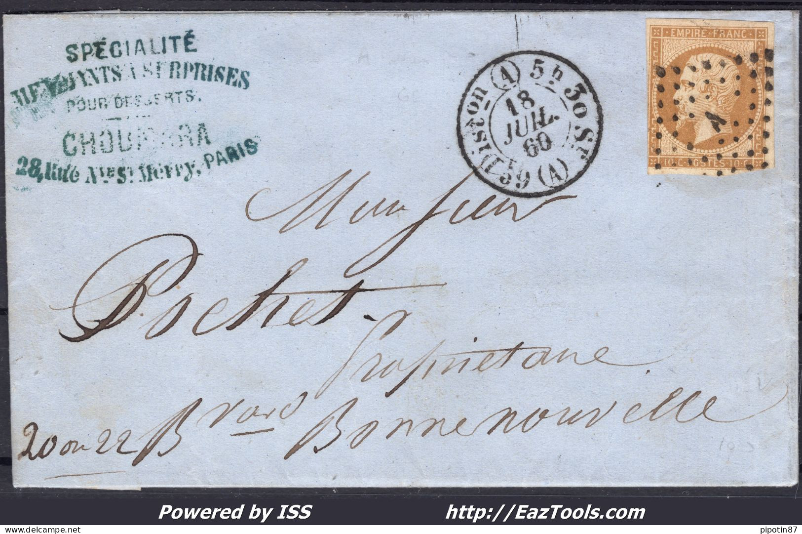 FRANCE N° 13A SUR LETTRE AVEC BUREAU DE PARIS A + CAD DISTRIBUTION DU 18/07/1860 - 1853-1860 Napoleon III