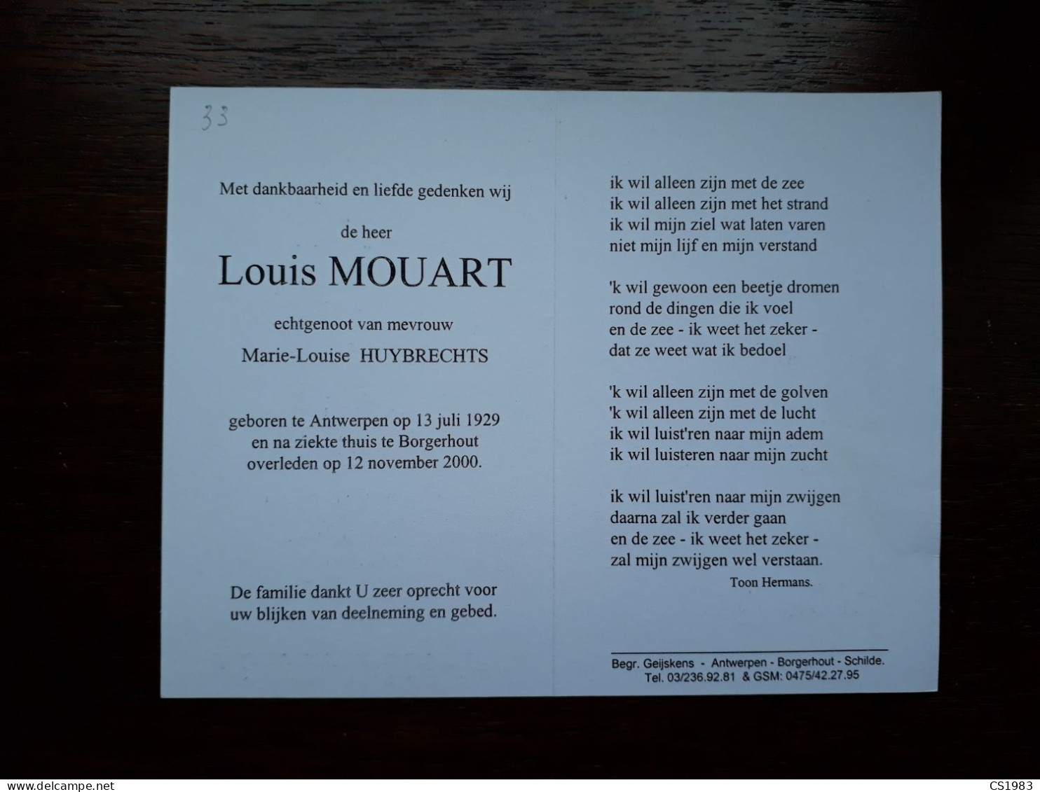 Louis Mouart ° Antwerpen 1929 + Borgerhout 2000 X Marie-Louise Huybrechts - Todesanzeige