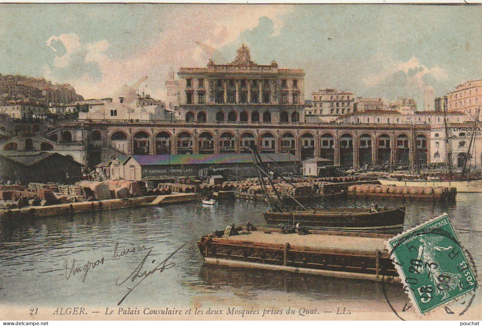 CE1 - ALGER  ( ALGERIE ) -   LE PALAIS CONSULAIRE ET LES DEUX MOSQUEES PRISES DU QUAI   -  CARTE COLORISEE  -  2 SCANS - Alger