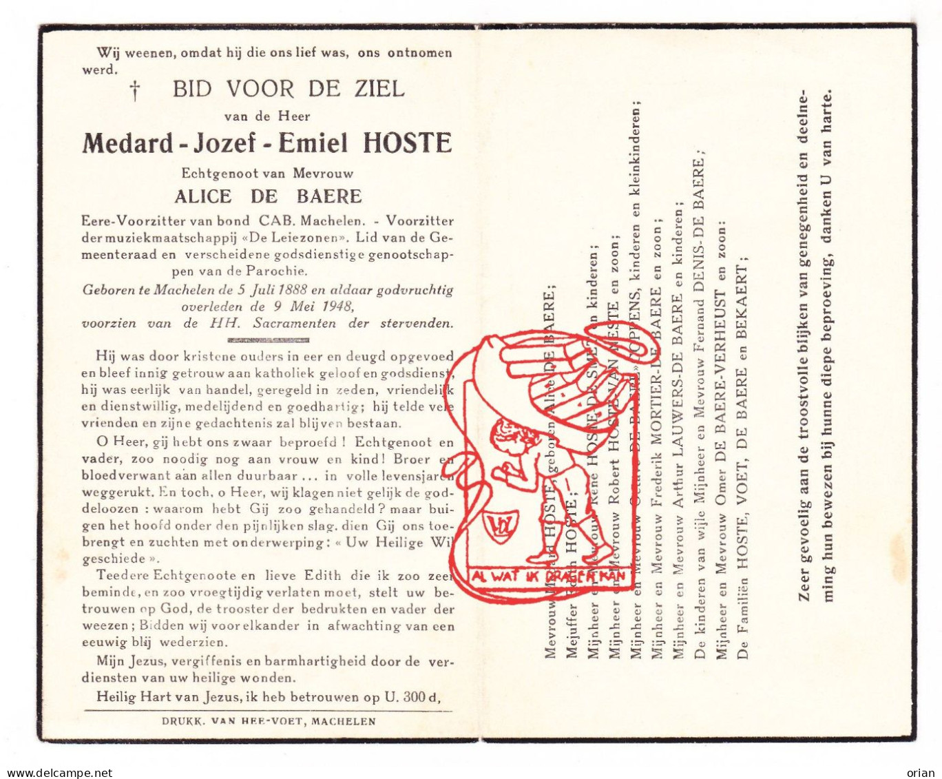 DP Gem.Raadslid & Voorz. - Medard Hoste ° Machelen Zulte 1888 † 1948 De Baere Van Neste Mortier Lauwers Verheust Bekaert - Devotion Images