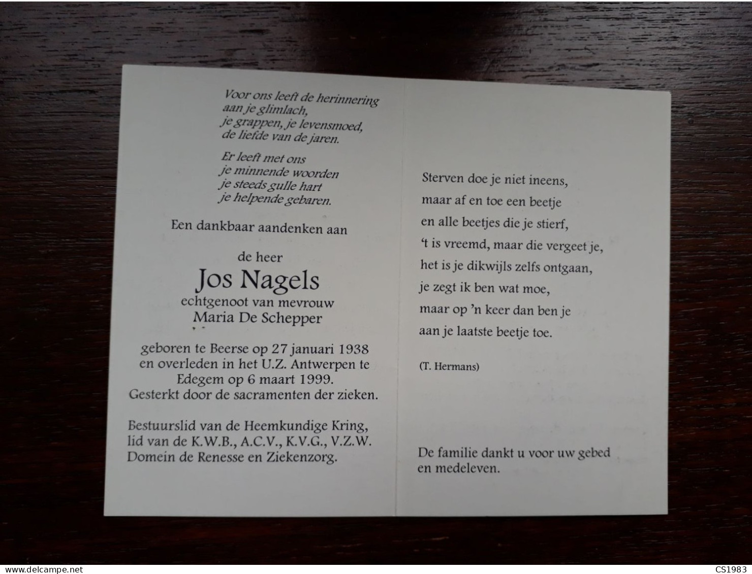 Jos Nagels ° Beerse 1938 + Edegem 1999 X Maria De Schepper - Obituary Notices