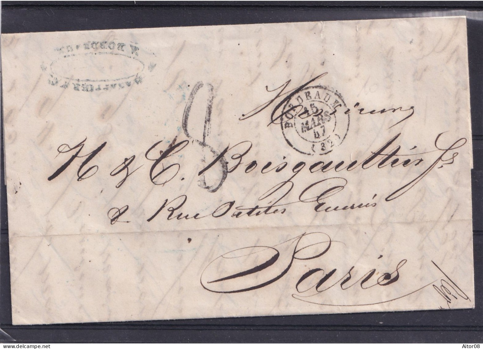 LAC DU 15/03/1847 . DE BORDEAUX A PARIS..JOLI CACHET BLEU AU DOS.   TRES INTERESSANT. . BEL ETAT - 1801-1848: Vorläufer XIX