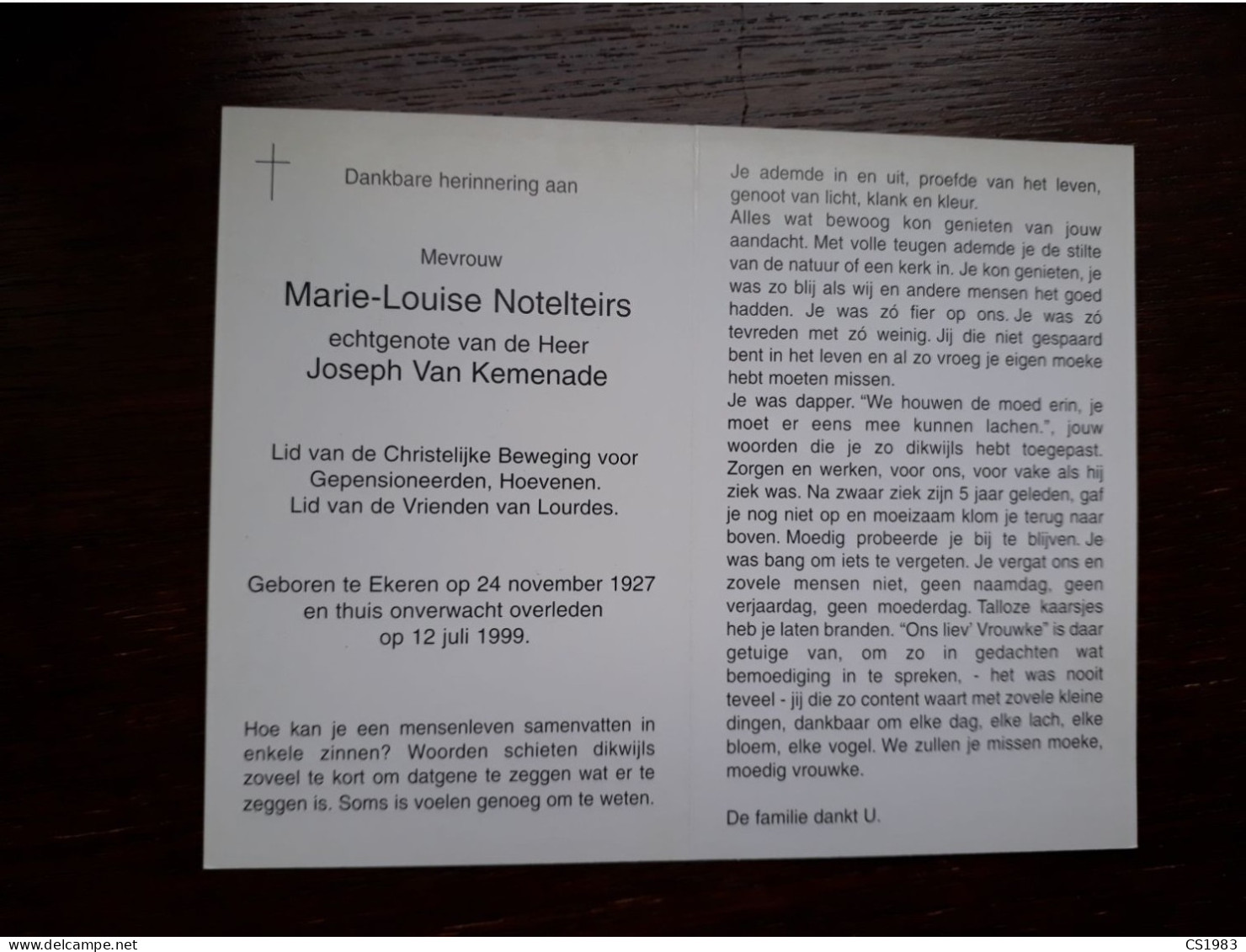 Marie-Louise Notelteirs ° Ekeren 1927 + 1999 X Joseph Van Kemenade - Begraf. Kapellen - Décès