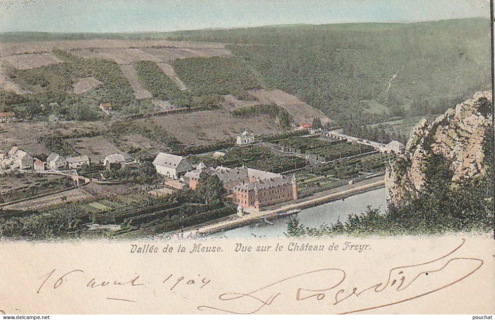 CE4 - VALLEE DE LA MEUSE  -  VUE SUR LE CHATEAU DE FREYR ( BELGIQUE ) - VUE GENERALE -  CARTE COLORISEE    -  2 SCANS - Hastière