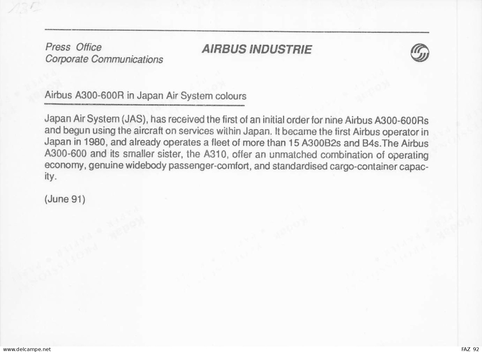 Airbus A300-600R In Japan Air System Colours - EBA - 180 X 130 Mm. - Photo Presse Originale - Aviation