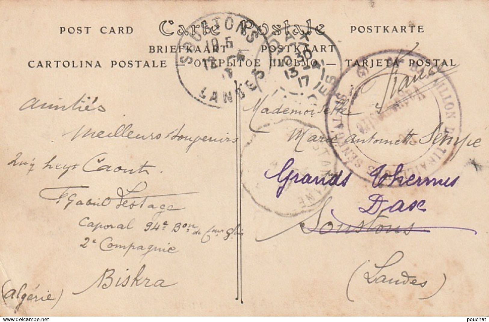 CE7 - CHAMELIER SAHARIEN -  CORRESPONDANCE BISKRA ( ALGERIE ) -  TAMPON  BATAILLON TIRAILLEURS SENEGALAIS  -   2 SCANS - Szenen