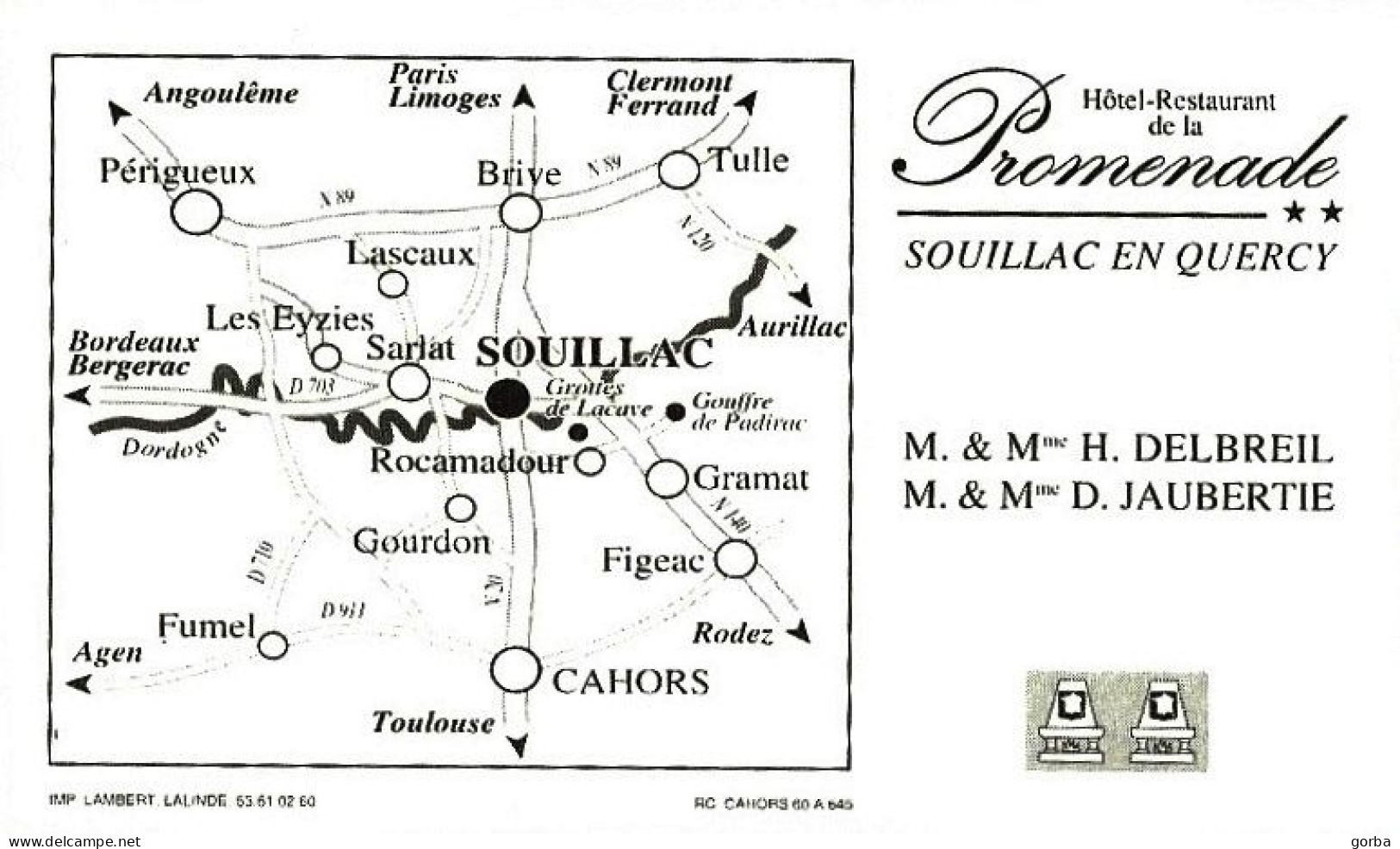 *Carte Visite Hôtel Restaurant - La Promenade à Souillac (46) - Visiting Cards