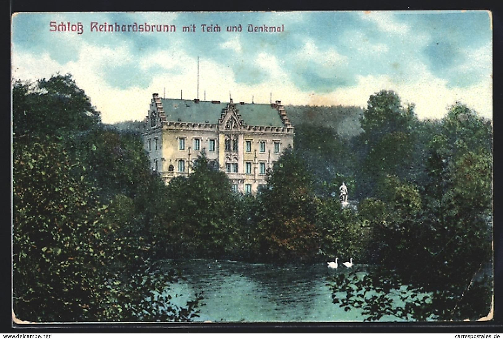 AK Reinhardsbrunn, Schloss Reinhardsbrunn Mit Teich Und Denkmal  - Autres & Non Classés