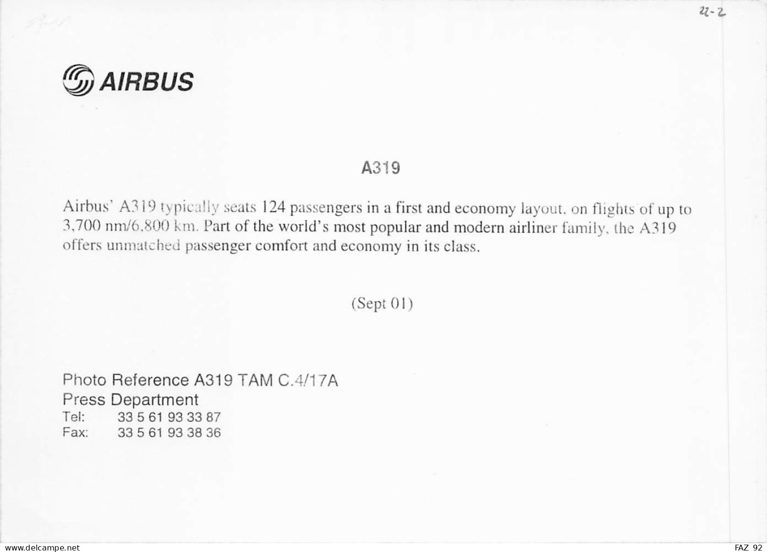 Airbus A319 In TAM Colours - 180 X 130 Mm. - Photo Presse Originale - Aviación