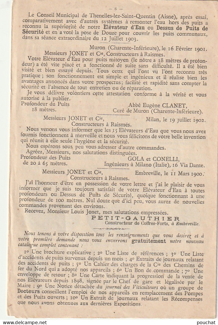 ALnw 1- DEPLIANT TECHNIQUE ELEVATEUR D' EAU - BON DE COMMANDE - CONSTRUCTEURS L. JONET & Cie , RAISMES ( 59 ) - 6 SCANS - 1900 – 1949