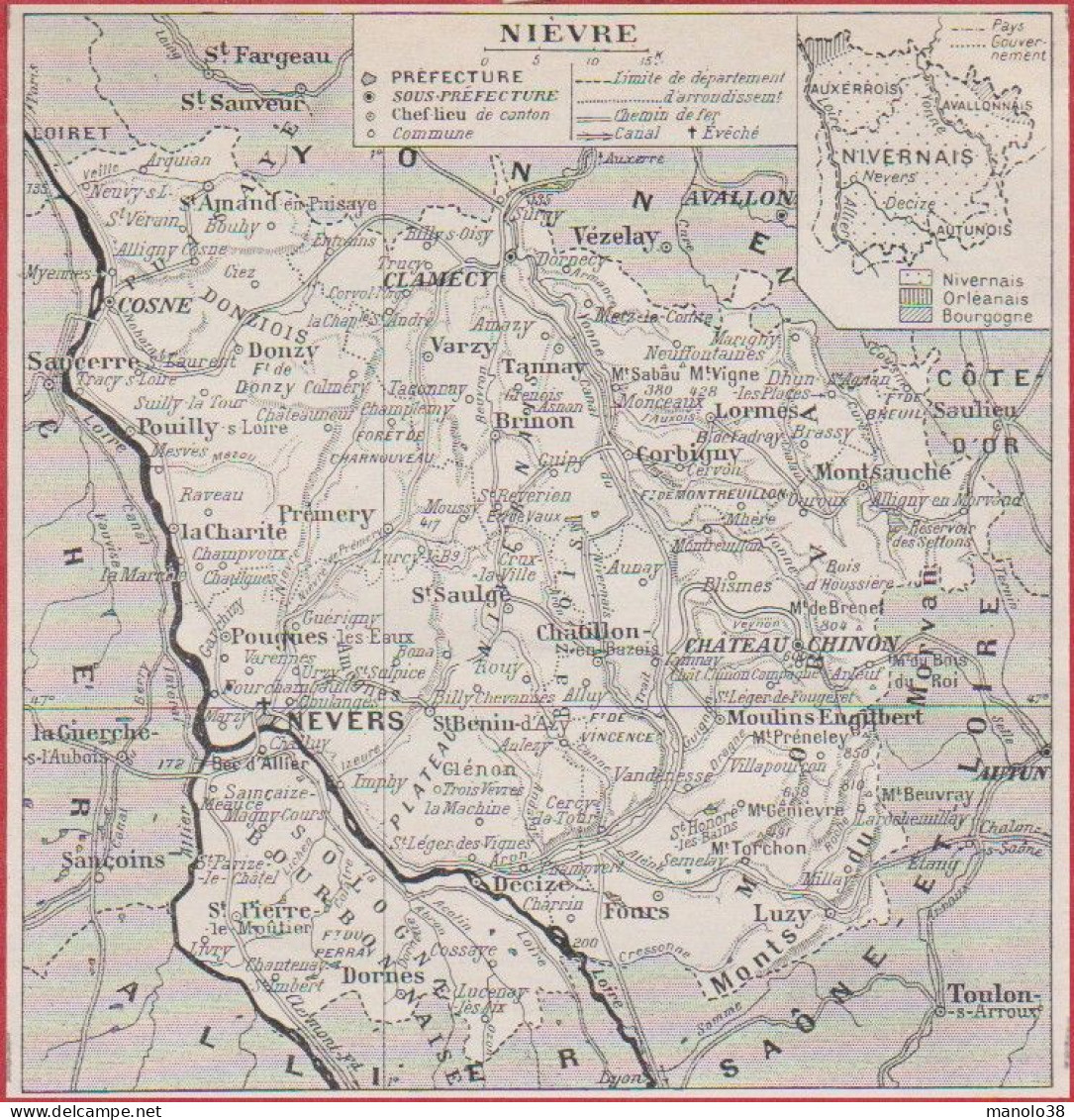 Carte Du Département De La Nièvre (58). Préfecture, Sous Préfecture ... Chemin De Fer, Canal, évêché. Larousse 1948. - Historische Dokumente