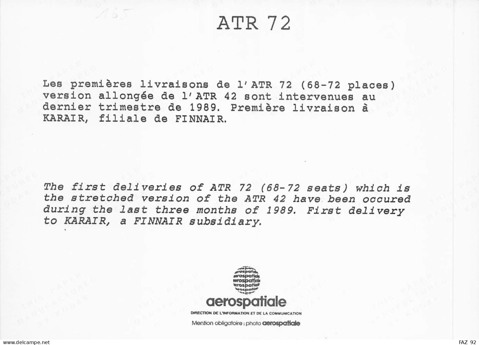 ATR 72 En Vol - 180 X 130 Mm. - Photo Presse Originale - Aviación