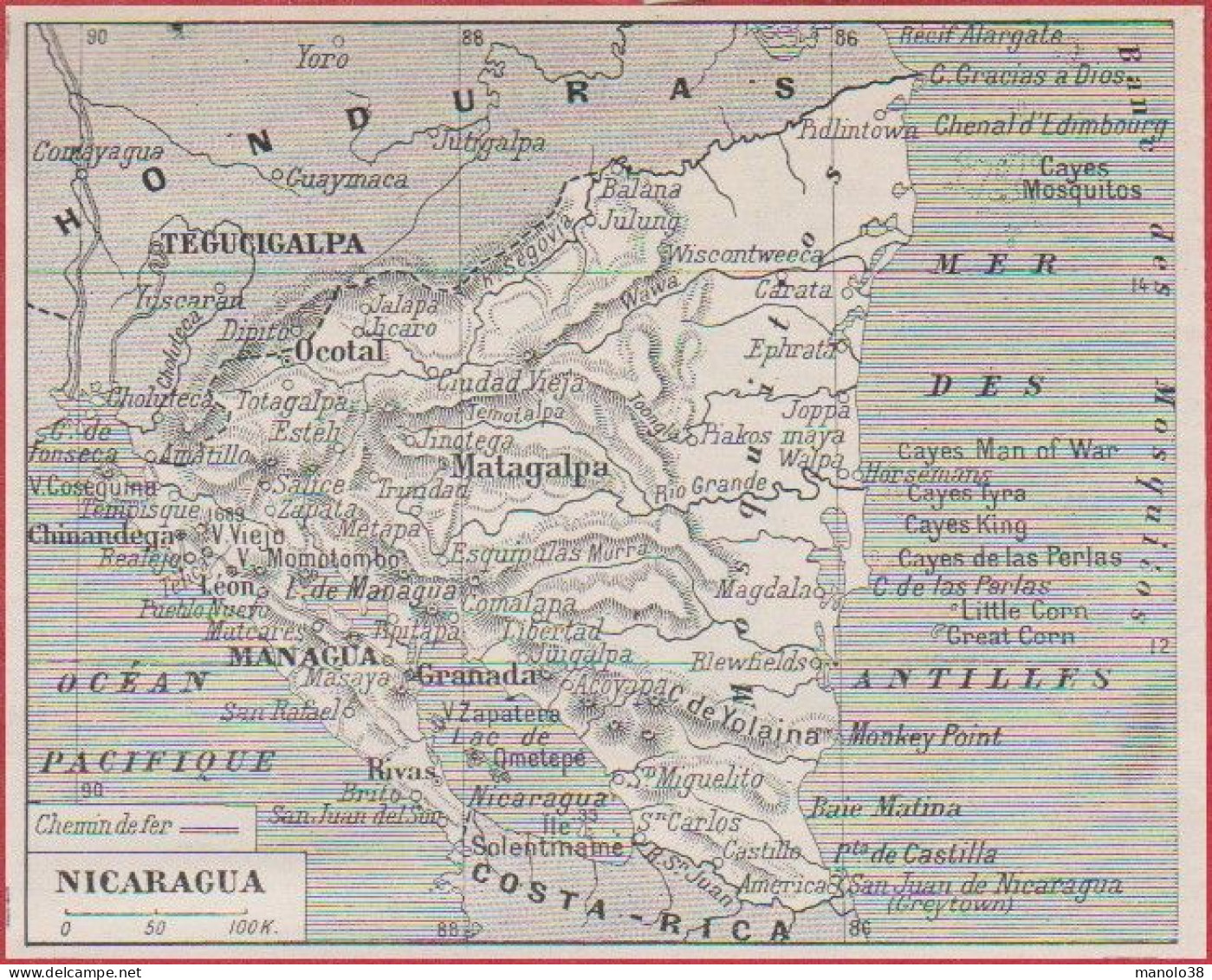 Carte Du Nicaragua. Carte Avec Chemin De Fer. Larousse 1948. - Documents Historiques