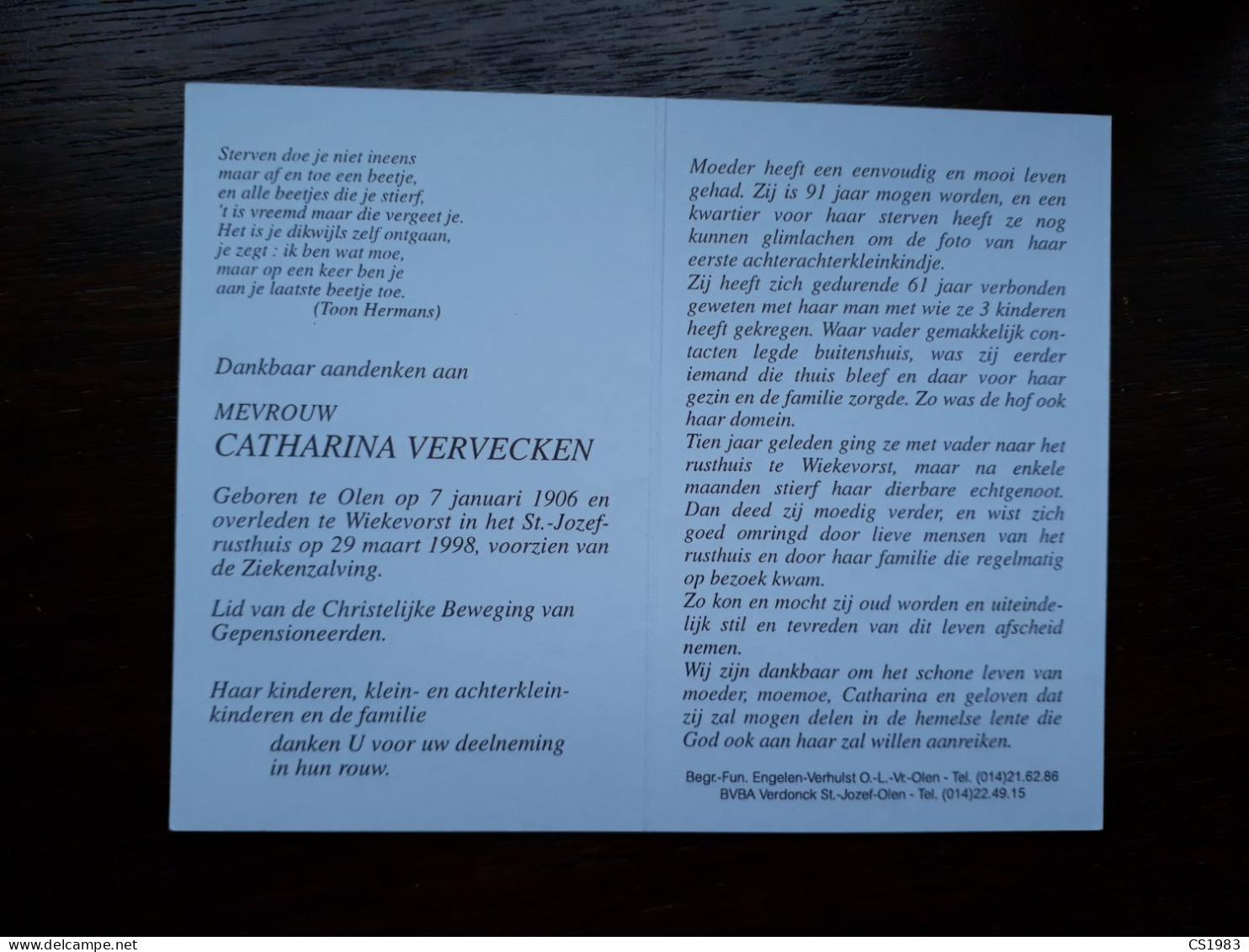 Catharina Vervecken ° Olen 1906 + Wiekevorst 1998 - Begraf. Olen - Obituary Notices
