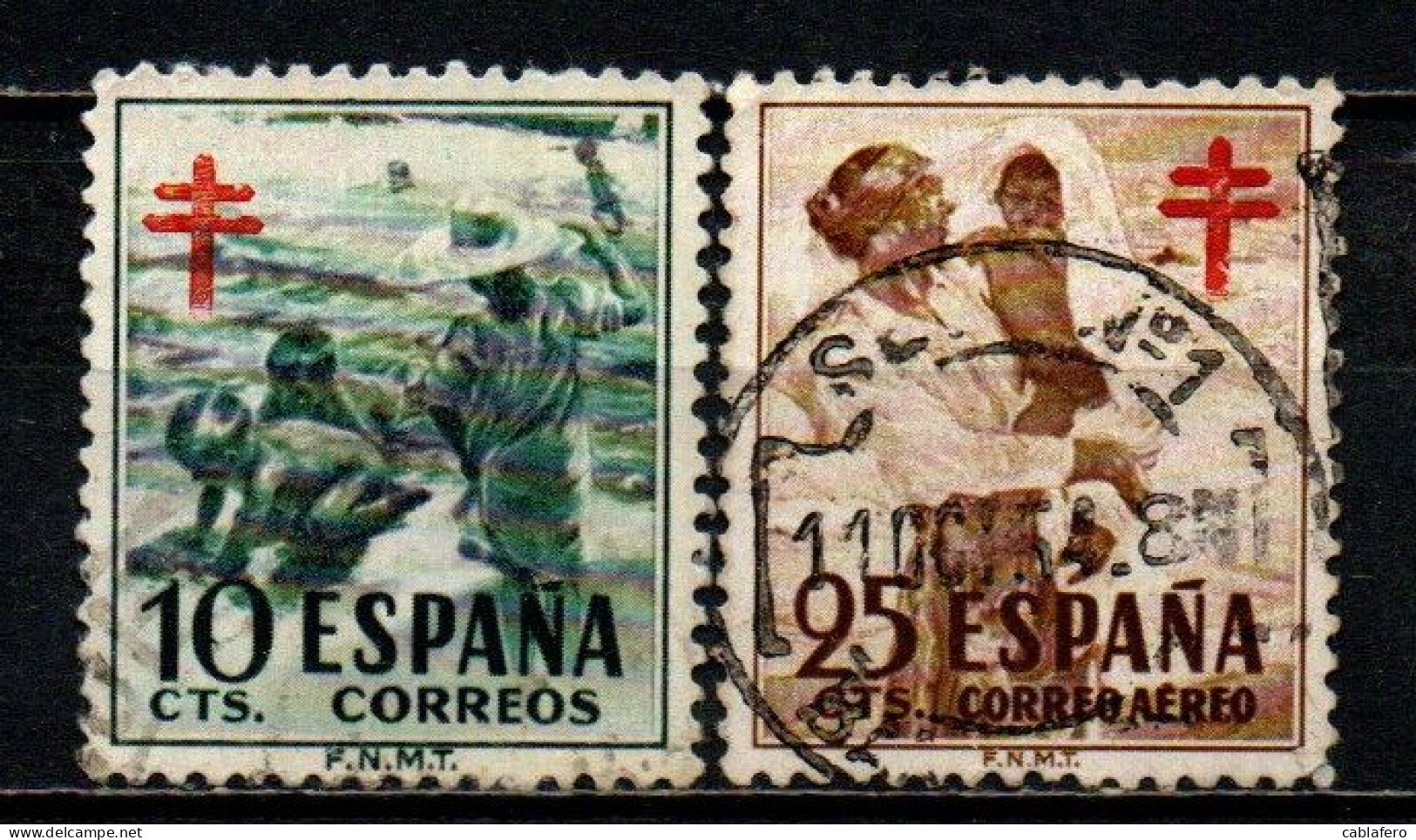 SPAGNA - 1951 - BAMBINI SULLA SPIAGGIA E MADRE CON FIGLIO - PRO TUBERCOLOTICI - CROCE DI LORENA IN ROSSO - USATI - Gebruikt