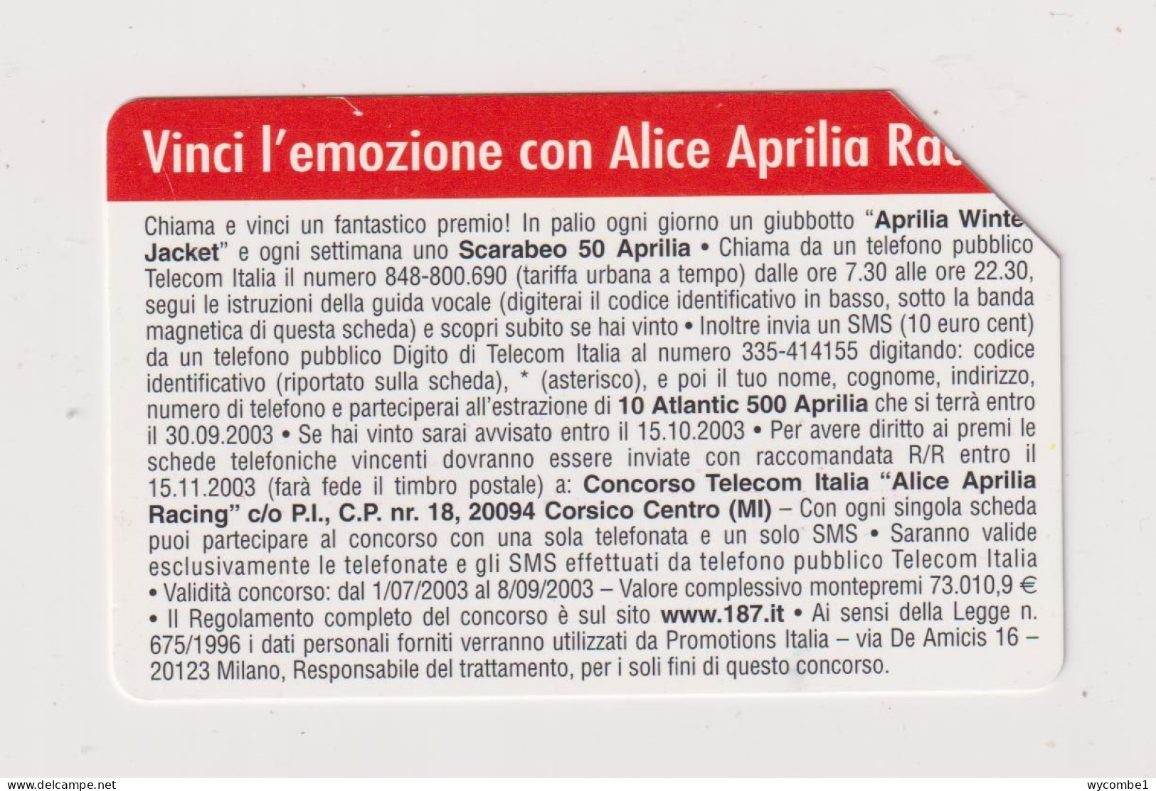 ITALY -   Win A Motor Cycle Competition Urmet  Phonecard - Openbaar Gewoon