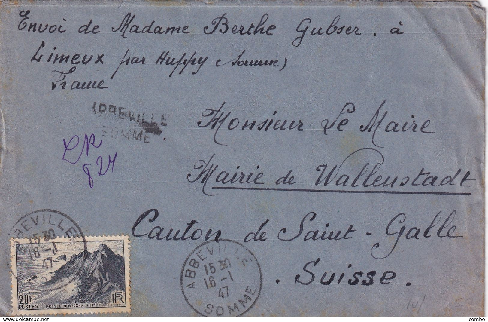 LETTRE. 16 1 47. RECOMMANDE PROVISOIRE. ABBEVILLE. SOMME. 20Fr N° 764 SEUL. POUR WALLEUSTADT. SUISSE - 1921-1960: Modern Tijdperk