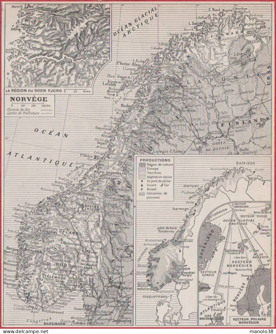 Norvège. Cartes Politique Avec Chemin De Fer, Du Secteur Polaire Norvégien Et économique Des Productions. Larousse 1948. - Documents Historiques