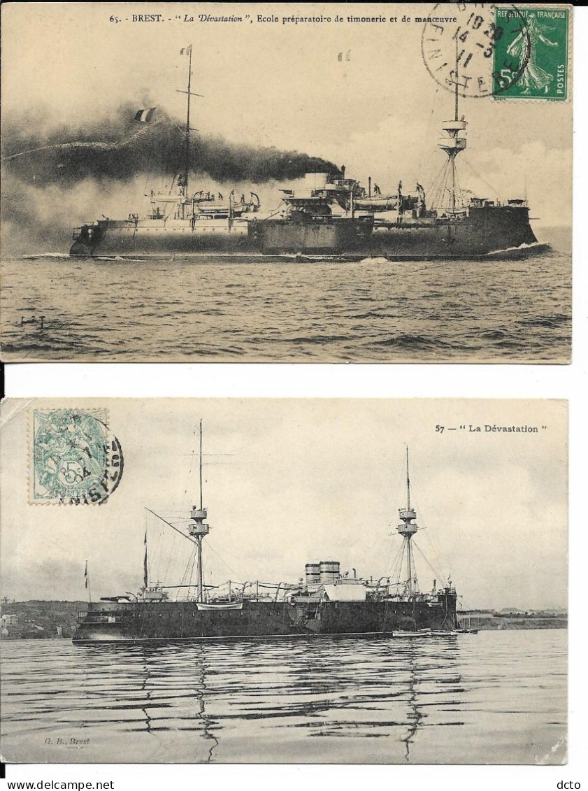 2 Cpa "La Dévastation" Brest Ecole Préparatoire De Timonerie Et De Manoeuvre, Envoi 1904 & 1911 - Warships