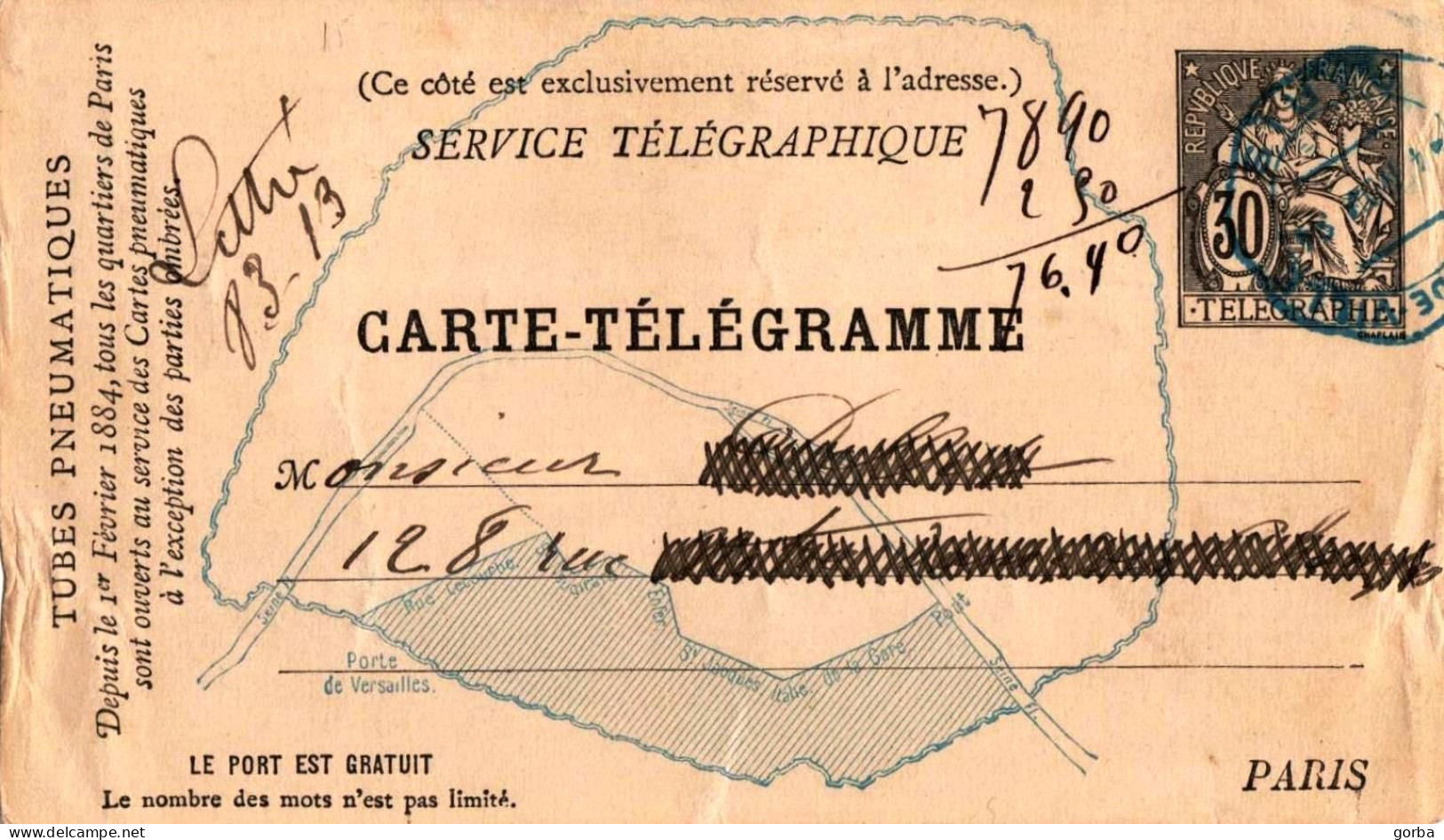 *PARIS Carte Télégramme Entier Pneumatique Chaplain 30c Noir Yv 1883 - Pneumatische Post
