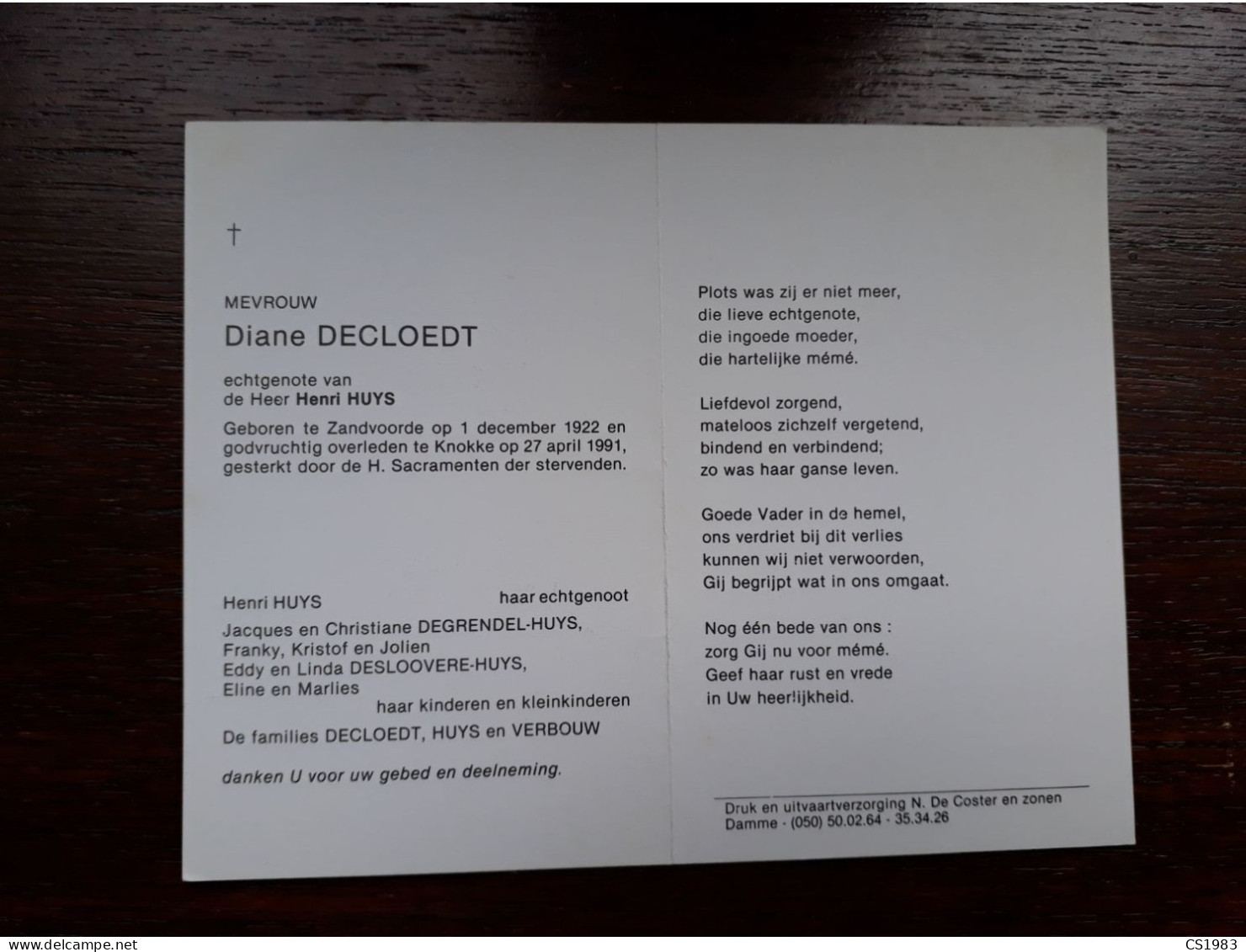 Diane Decloedt ° Zandvoorde 1922 + Knokke 1991 X Henri Huys (Fam: Verbouw - Degrendel - Desloovere) - Overlijden