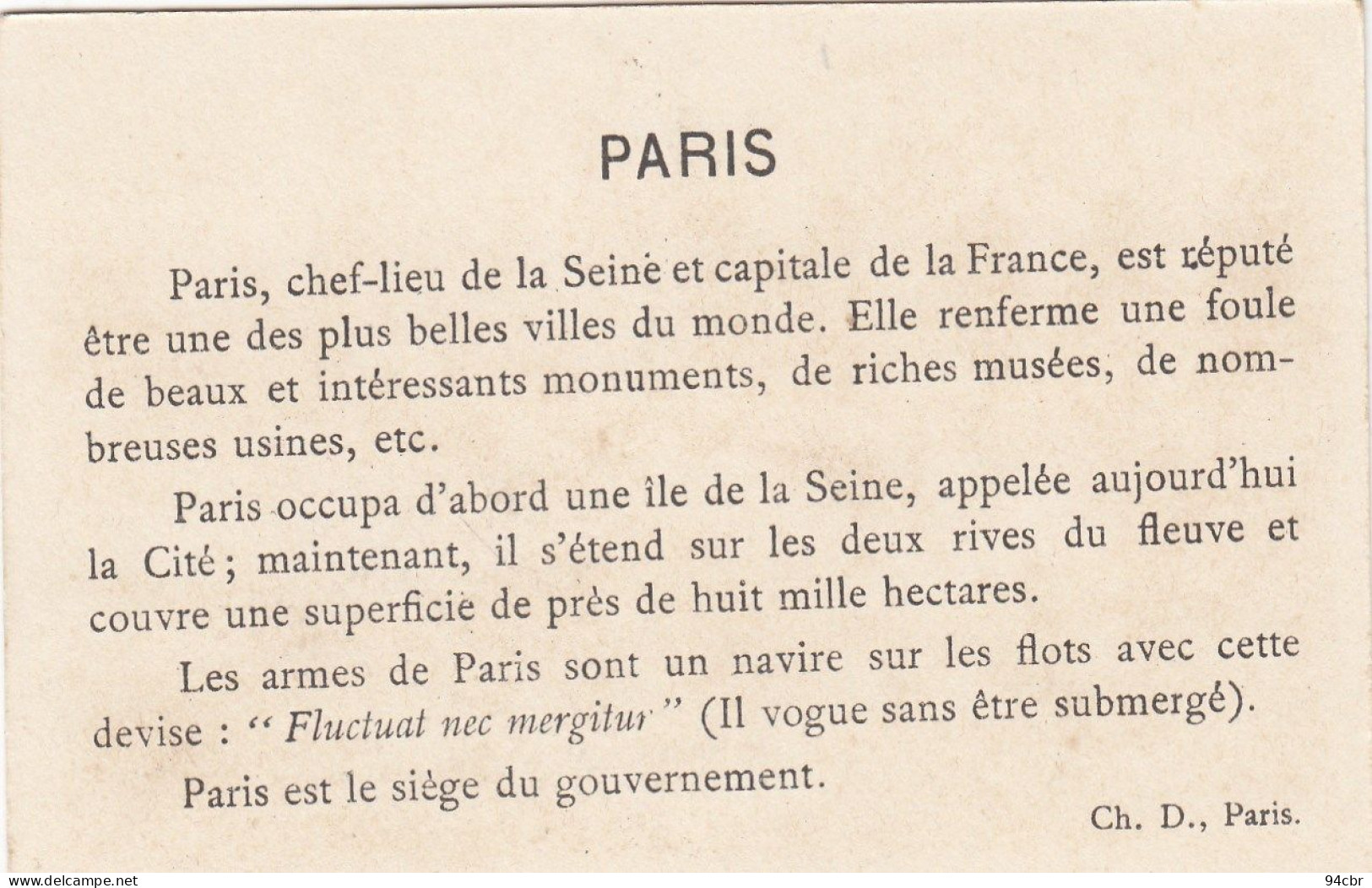 CHROMO IMAGE (7x10.5) PARIS (  B.bur Chromo) - Sonstige & Ohne Zuordnung