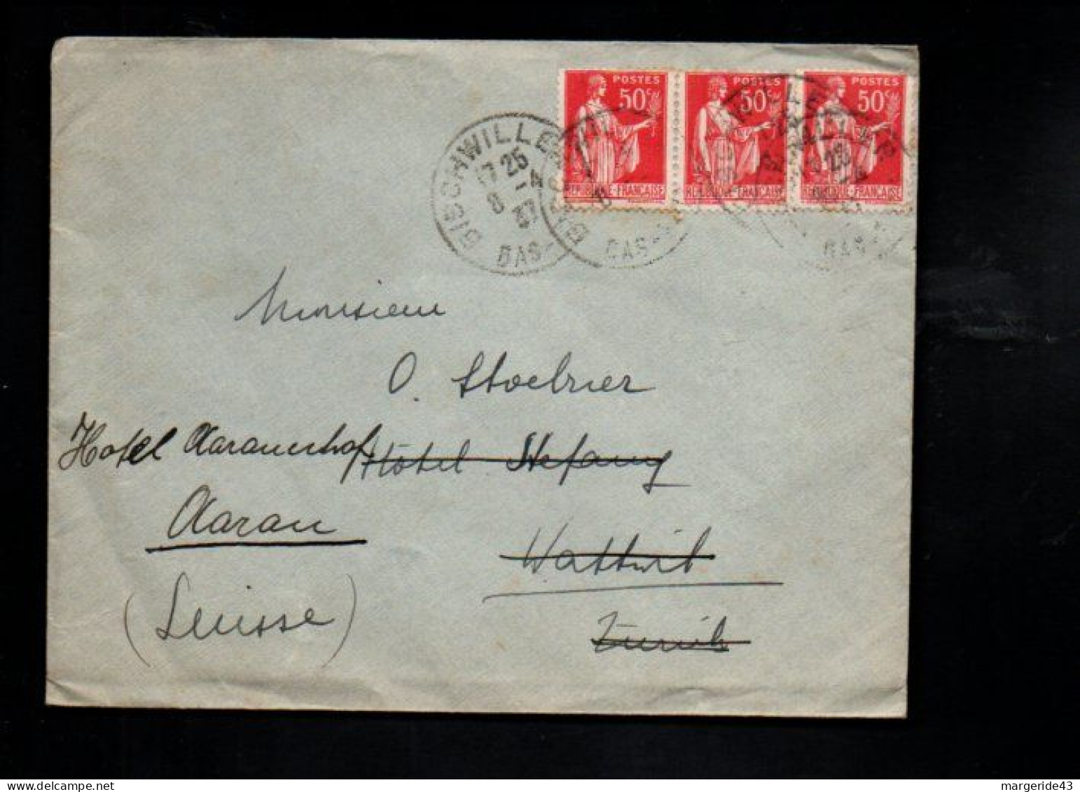 PAIX AFFRANCHISSEMENT COMPOSE SUR LETTRE DE BISCHWILLER BAS RHIN 1937 - Tarifas Postales