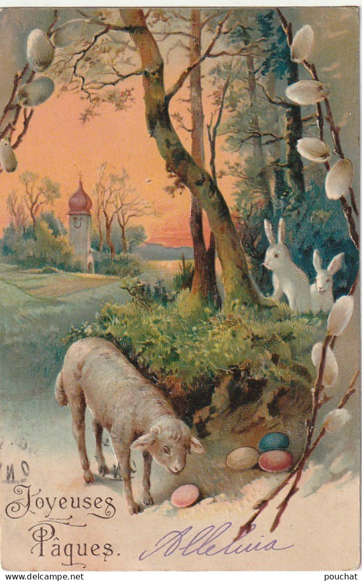 BE Nw1 - " JOYEUSES PAQUES " -  AGNEAU AVEC COUPLE DE LAPINS EN FORET - OEUFS COLORES - CARTE GAUFREE - Ostern