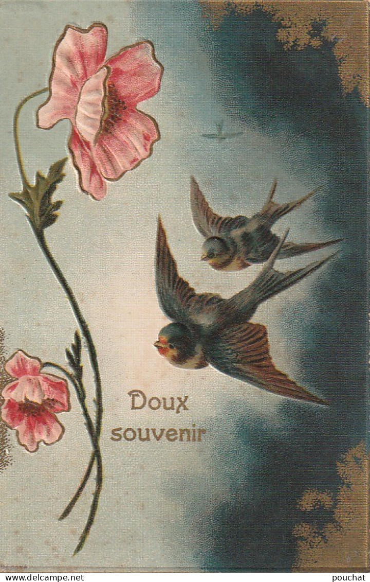 BE Nw1 - " DOUX SOUVENIR " -  COUPLE D' HIRONDELLES ET FLEURS COQUELICOTS - CARTE GAUFREE - Autres & Non Classés