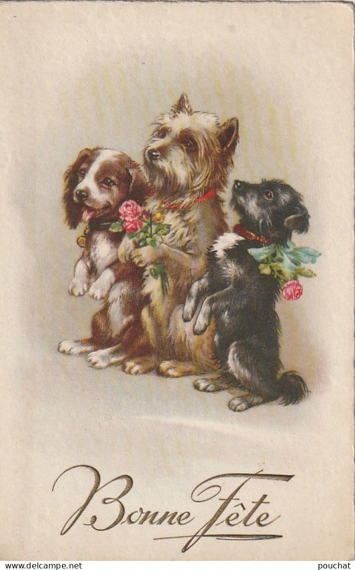 BE Nw1 - " BONNE FETE " -  TRIO DE CHIOTS OFFRANT DES  FLEURS , ROSES - 2 SCANS - Altri & Non Classificati