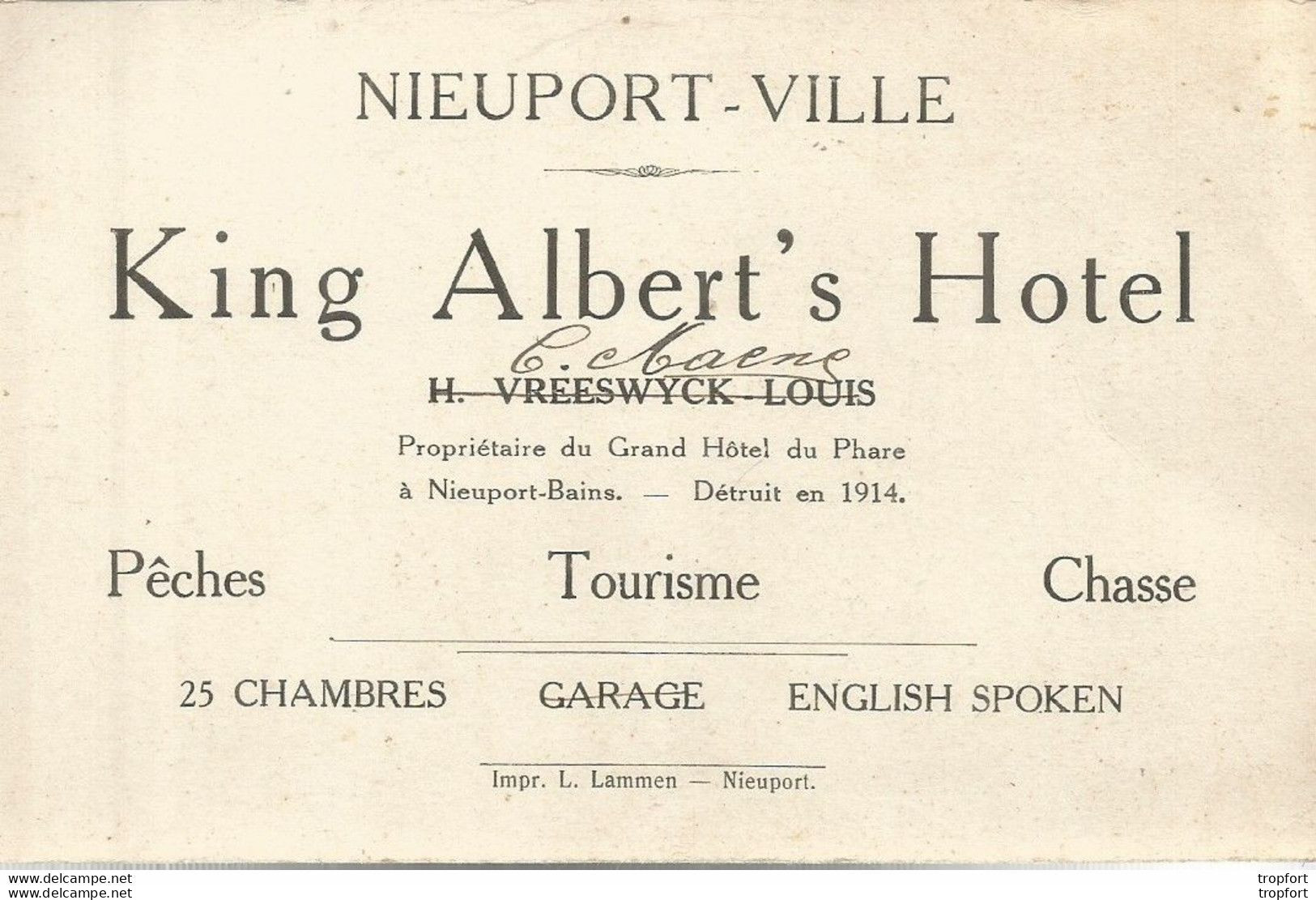 PY / RARE Carte De Visite Publicitaire CDV NIEUPORT-VILLE King Albert's HOTEL Pèche Chasse Tourisme Nieuport-bains - Cartes De Visite