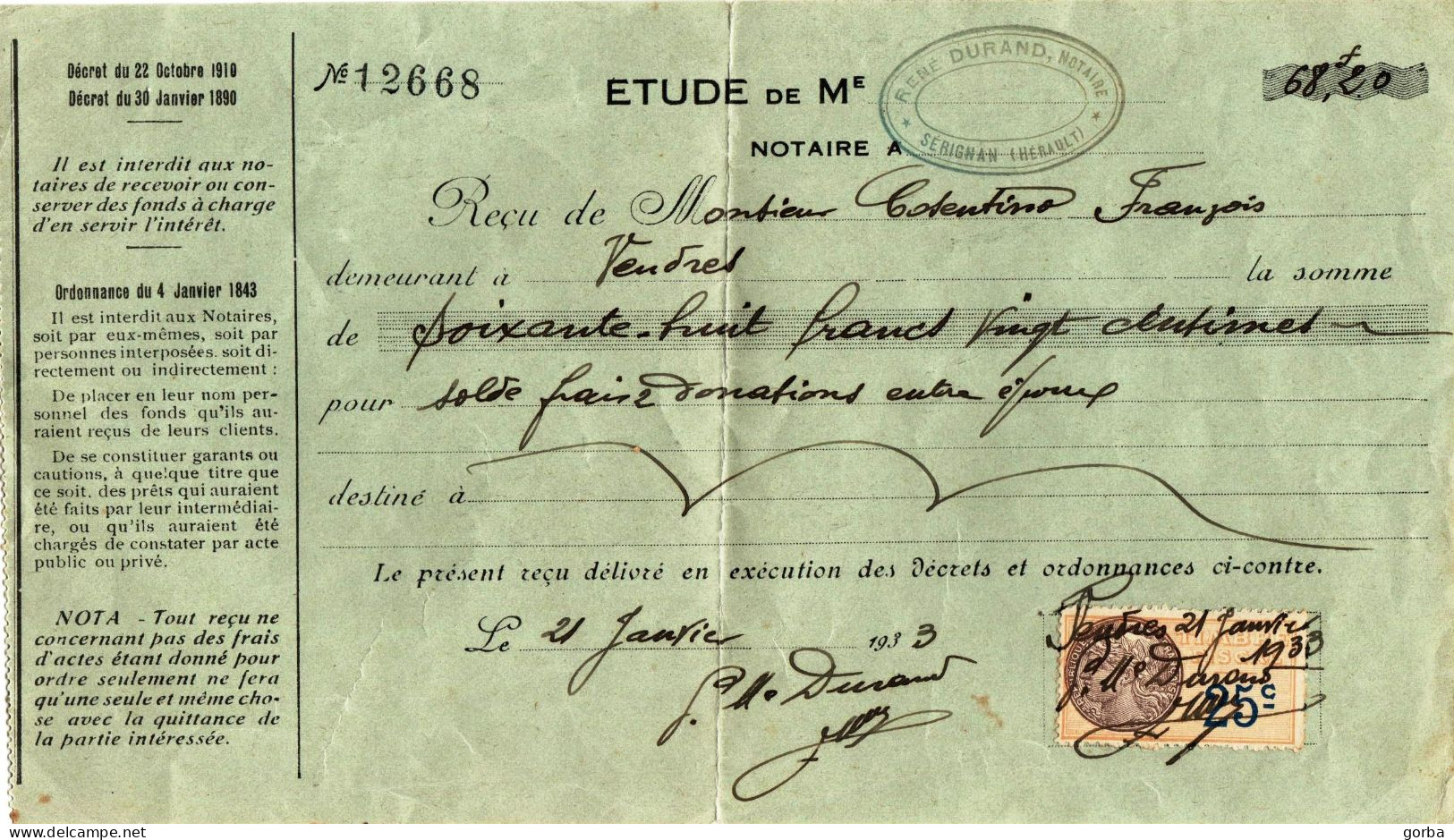 *Facture Notariale 1933  - Timbre Taxe 25c - SERIGNAN (34) - 1900 – 1949