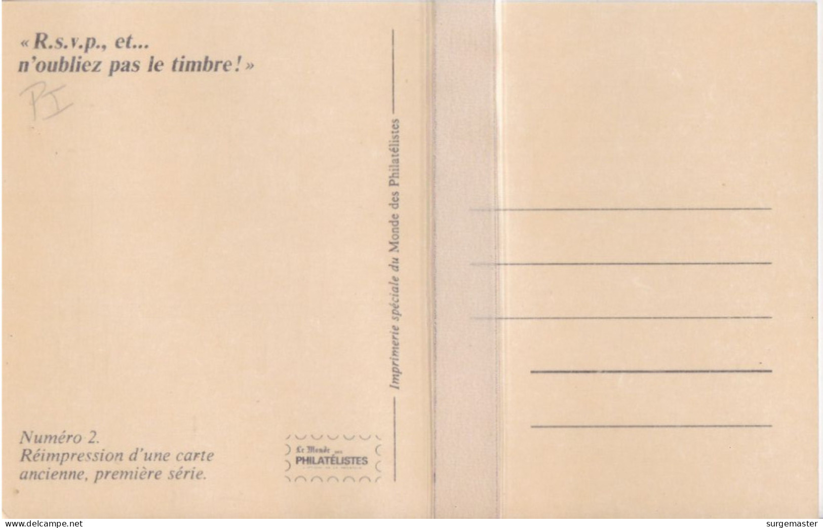 CPA REIMPRESSION D'UNE CARTE ANCIENNE '' R.S.V.P. N'OUBLIEZ PAS LE TIMBRE'' - Briefmarken (Abbildungen)