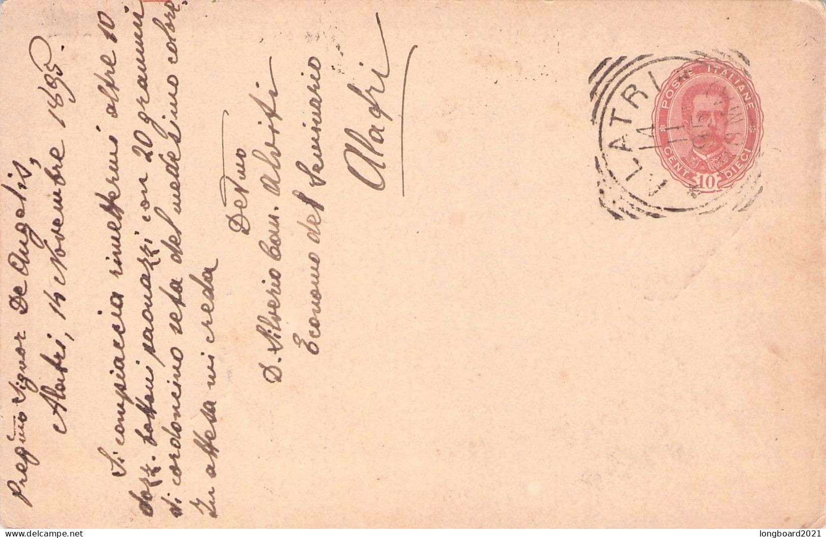 ITALY - CARTE POSTALE 1895 ALATRI - ROMA Mi P27 / 7026 - Stamped Stationery