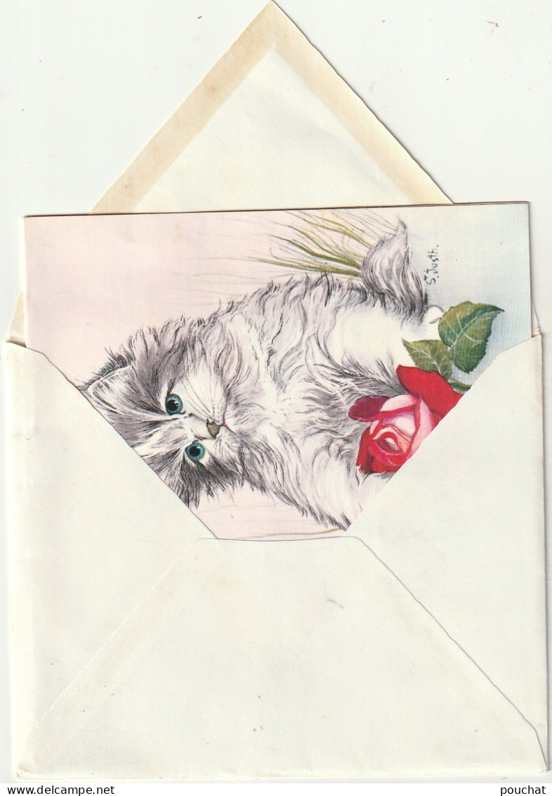 CE 32-  CARTE SYSTEME POP UP - CHAT , CHATON AU MILIEU DE FLEURS , ROSES - ILLUSTRATEUR ST. JUSTH. - Chats