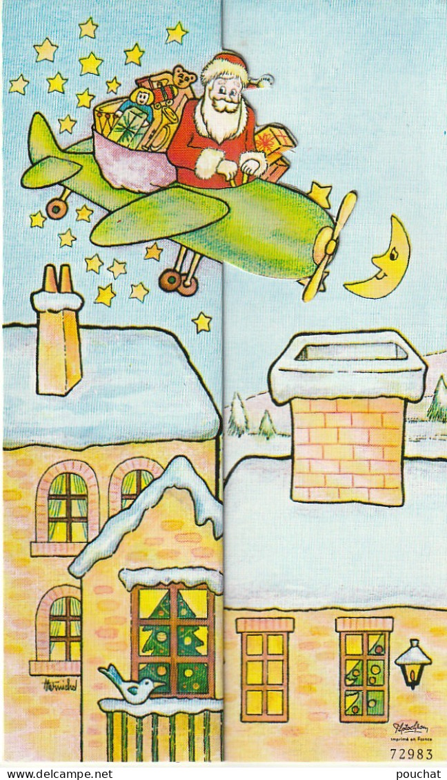 CE 32- CARTE SYSTEME PLIAGE - PERE NOEL EN AVION AVEC JOUETS - ETOILES , LUNE - ILLUSTRATEUR  - Kerstman