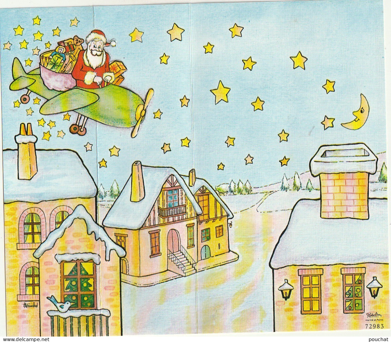 CE 32- CARTE SYSTEME PLIAGE - PERE NOEL EN AVION AVEC JOUETS - ETOILES , LUNE - ILLUSTRATEUR  - Kerstman