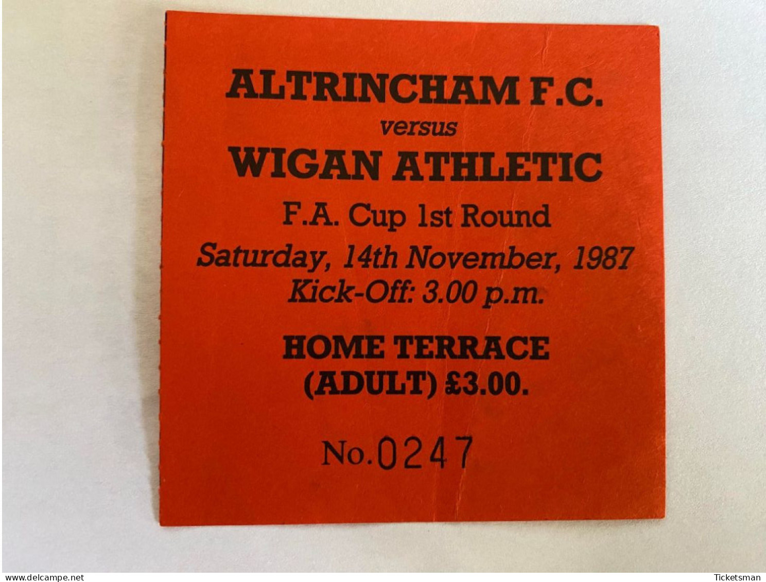 Football Ticket Billet Jegy Biglietto Eintrittskarte Altrincham FC - Wigan Athletic 14/11/1987 - Toegangskaarten