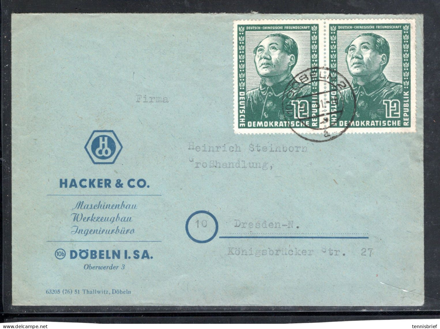 1951, 12 Pfg.   Mao  ,portoger. MEF , Mi. 200,- Bedarf , Klar " DÖBELN-21.7.51 "  Sehr Gute Erhaltung    #187 - Briefe U. Dokumente