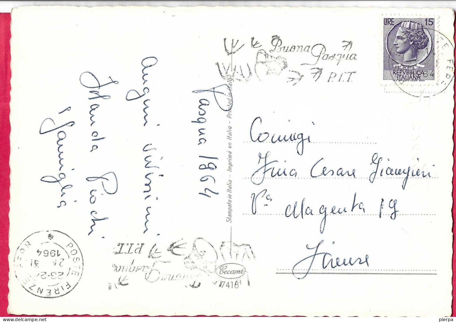 BUONA PASQUA - FANCIULLI - EDIZ. CECAMI 7418 - VIAGGIATA DA FIRENZE 1964 - ANNULLO A TARGHETTA - Ostern