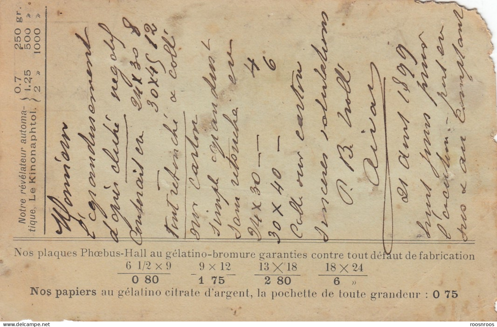 CP PUBLICITAIRE 1899 - PHOEBUS-HALL - FOURNITURES GENERALES POUR LA PHOTOGRAPHIE A PARIS - Autres & Non Classés