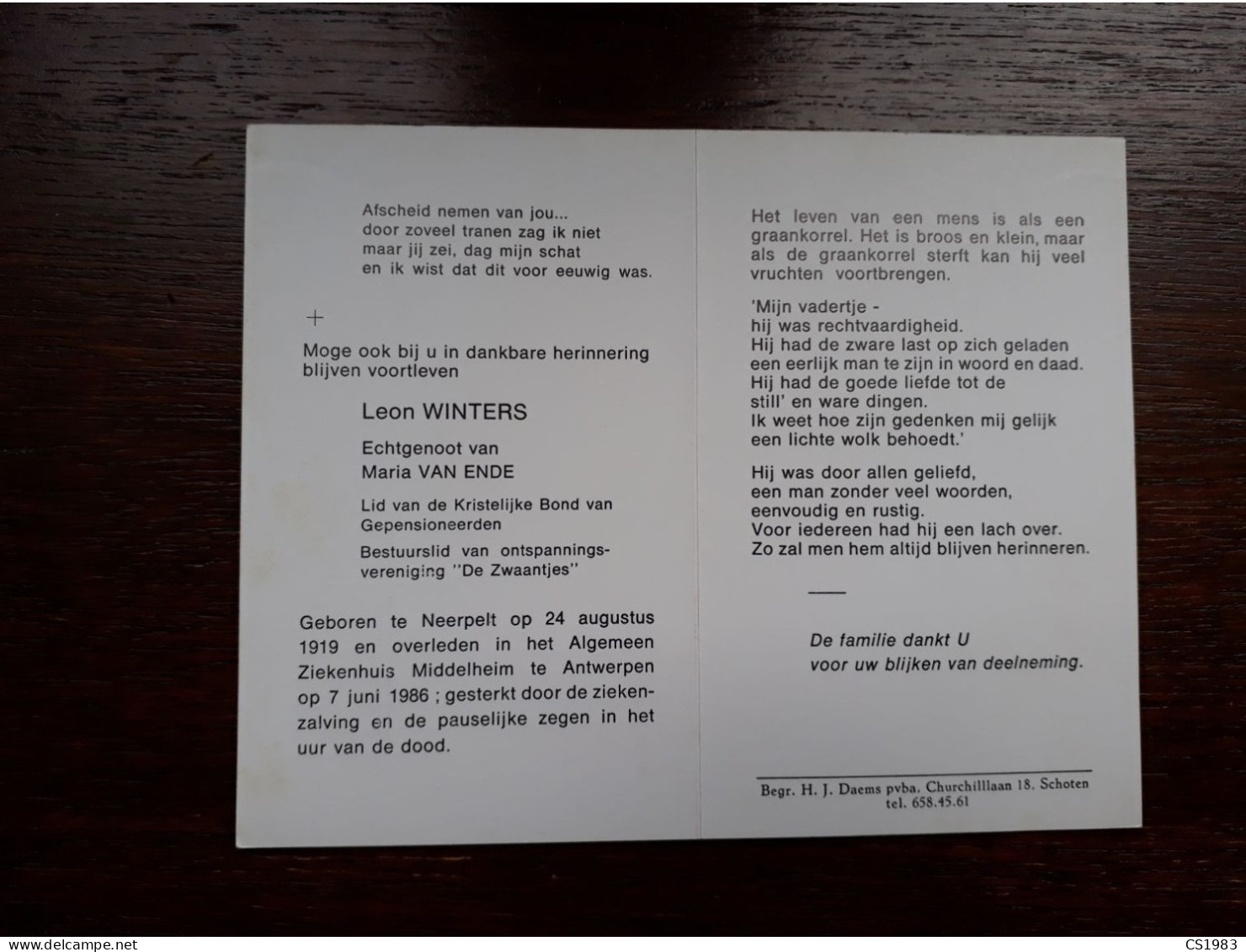 Leon Winters ° Neerpelt 1919 + Antwerpen 1986 X Maria Van Ende - Begraf. Schoten - Obituary Notices